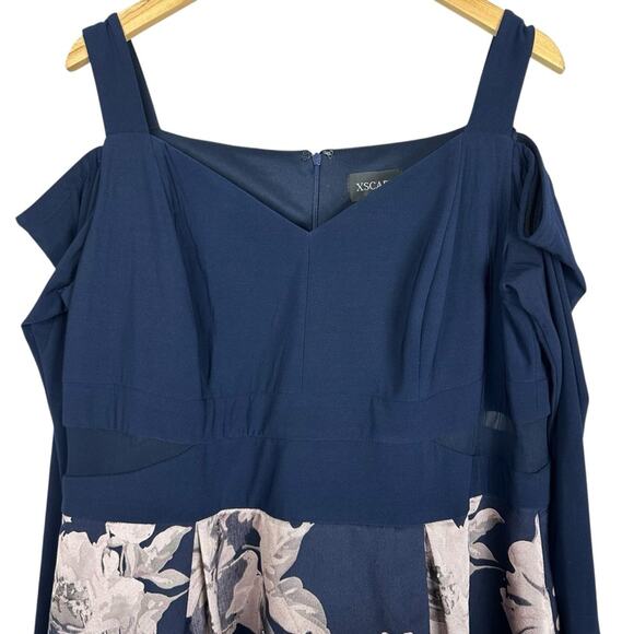 Xscape Navy Blue Brocade Floral High Low Formal Long Sleeve Midi Gown Size 18W - Picture 5 of 14